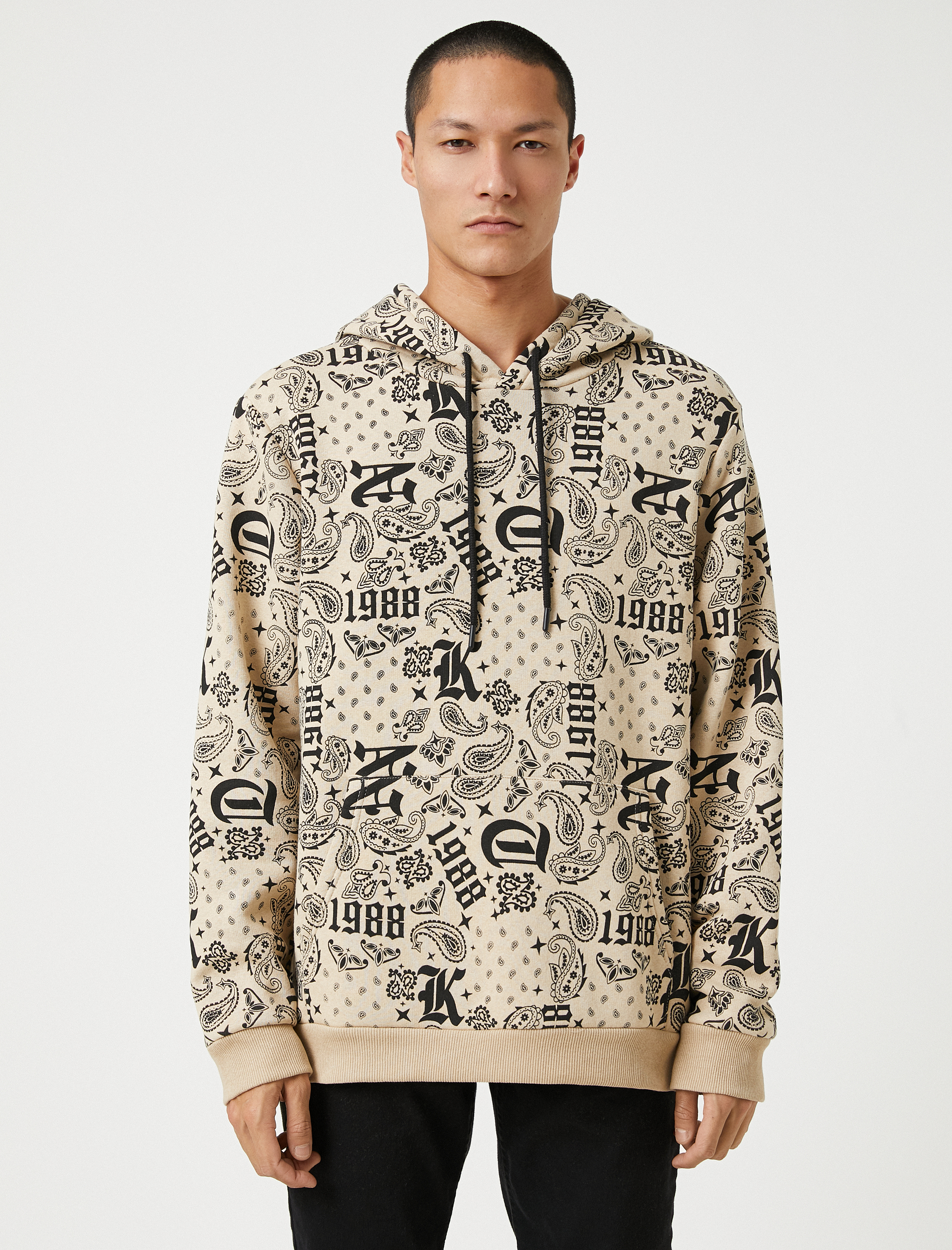 Kapşonlu Sweatshirt Şardonlu Şal Desenli