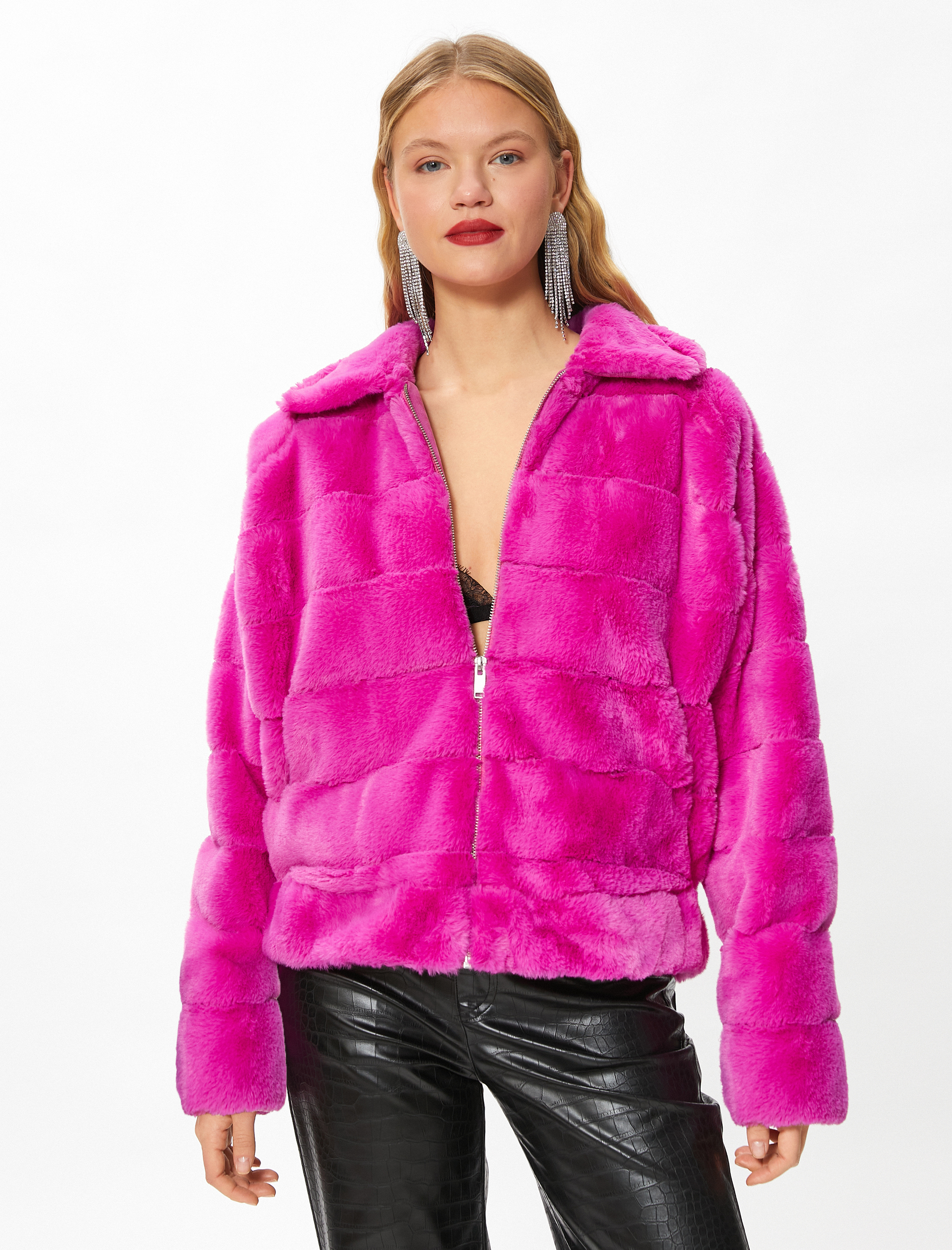   Katlı Yaka Fermuarlı Peluş Ceket