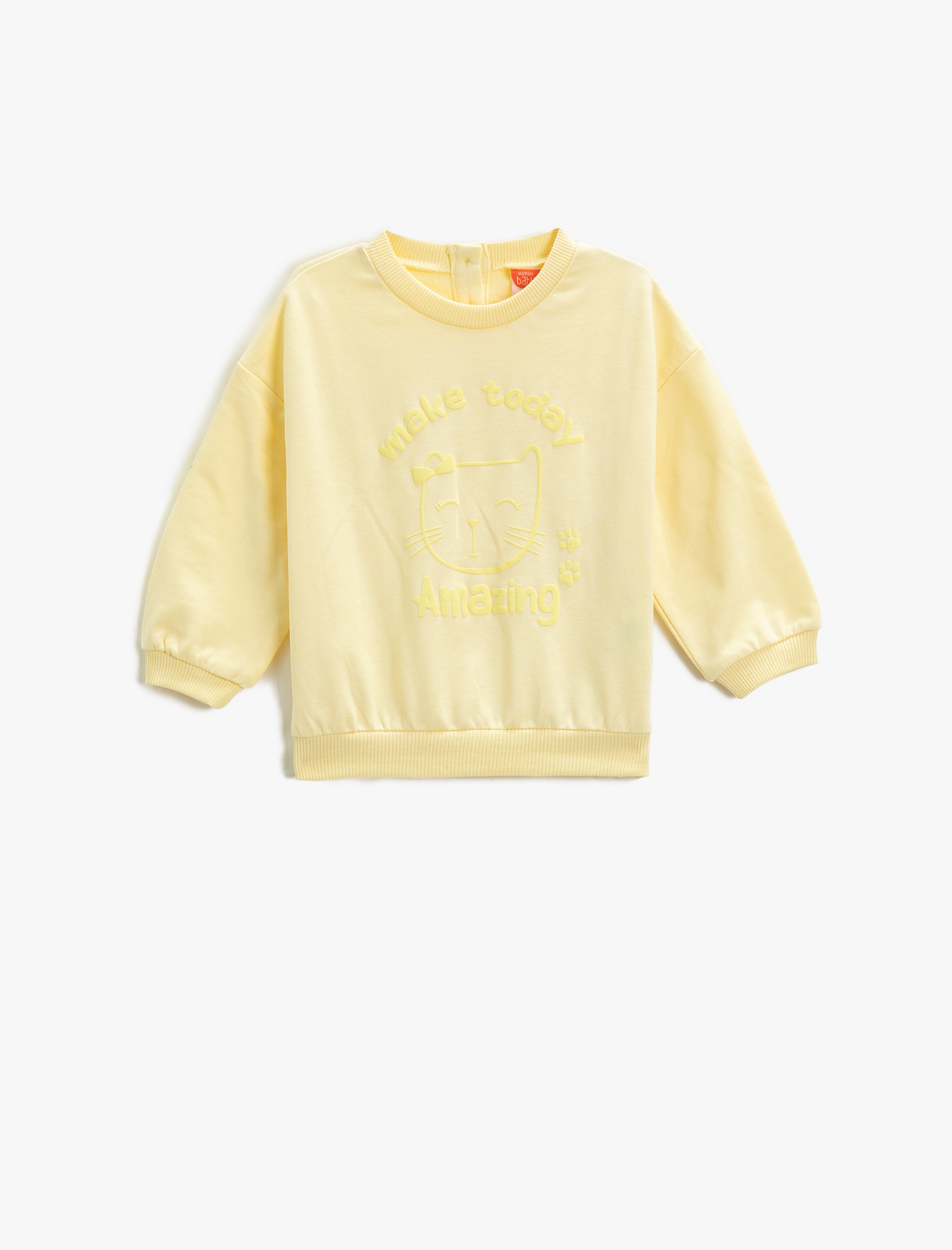  Kız Bebek Kedi Baskılı Sweatshirt Şardonlu Arkası Çıtçıt Kapamalı Bisiklet Yaka