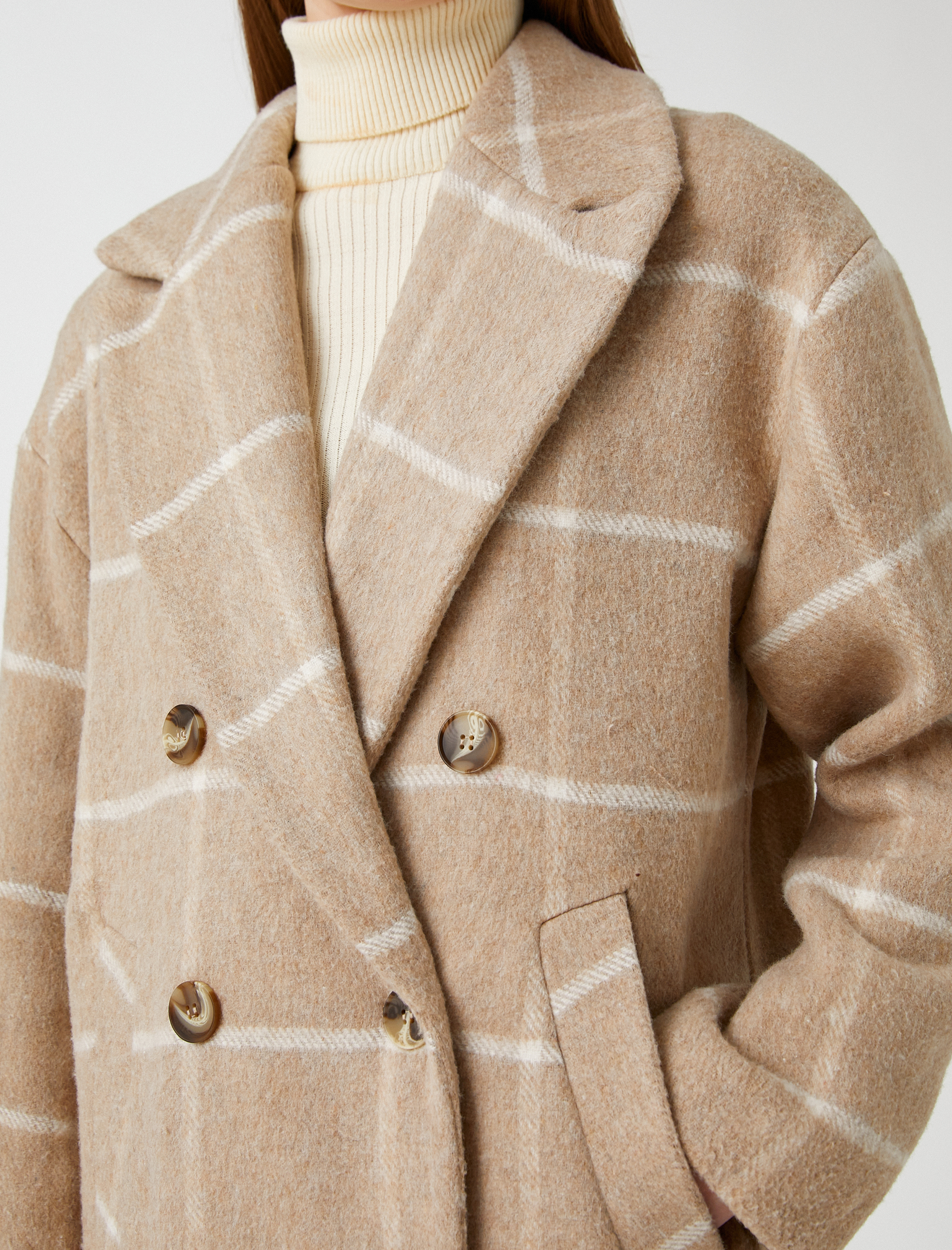   Kruvaze Kaşe Kaban Düğmeli Fleto Cepli Yün Karışımlı