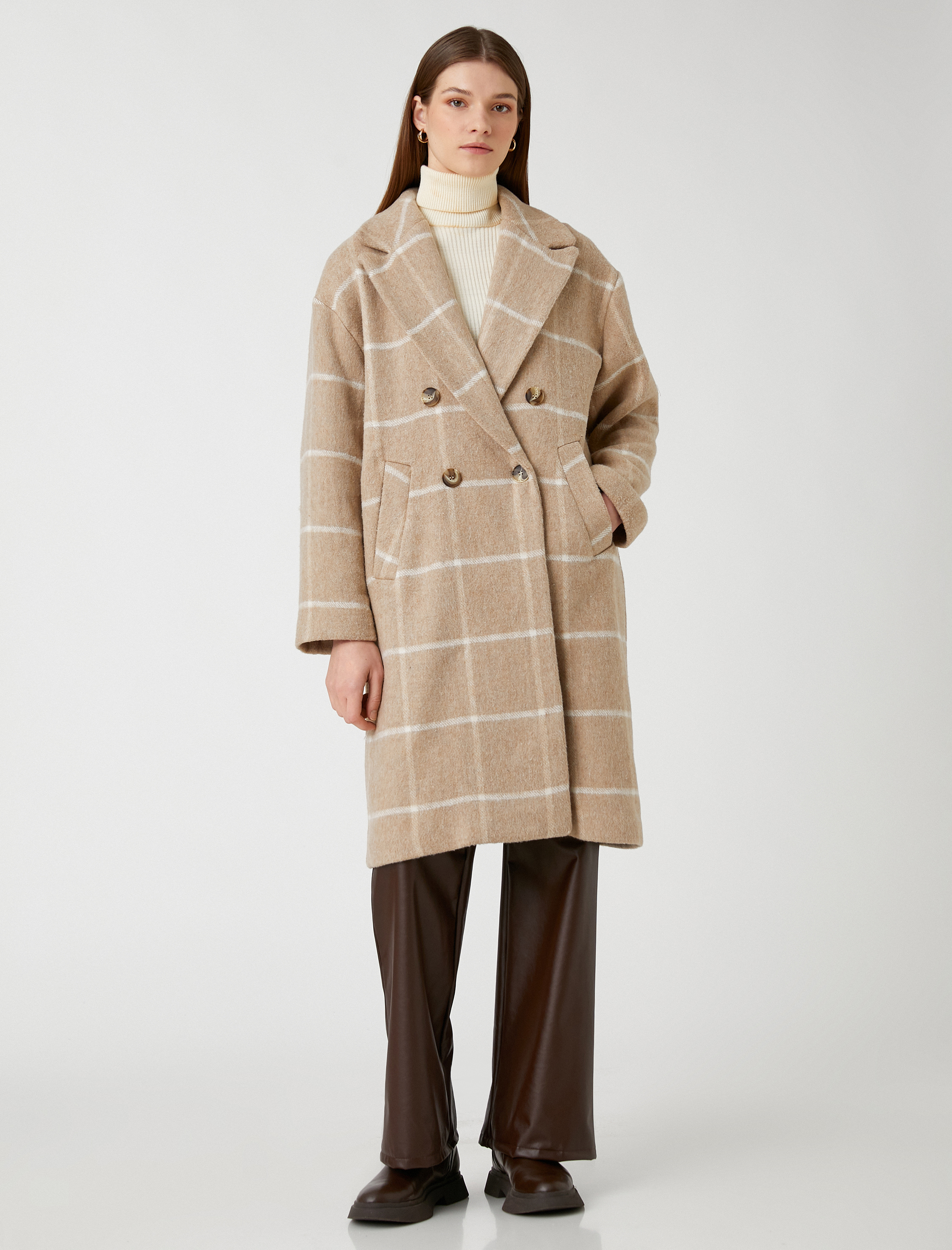   Kruvaze Kaşe Kaban Düğmeli Fleto Cepli Yün Karışımlı