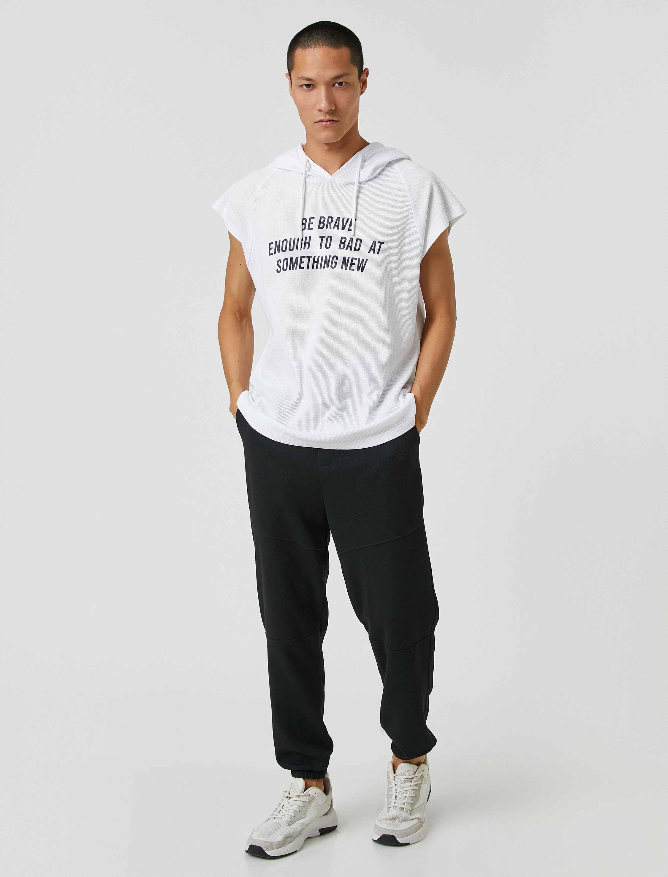   Basic Kapşonlu Spor Oversize Tişört Slogan Baskılı Kolsuz