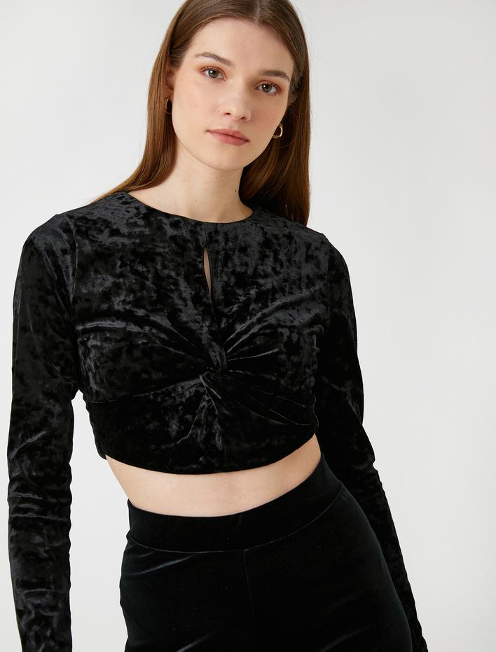  Crop Kadife Tişört Uzun Kollu Düğüm Detaylı