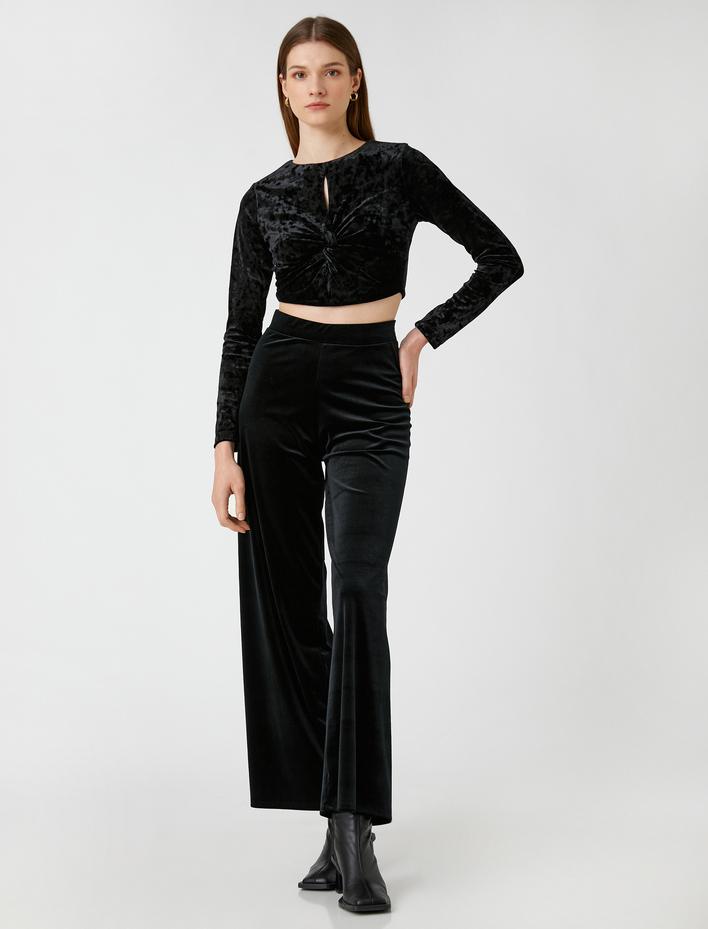  Crop Kadife Tişört Uzun Kollu Düğüm Detaylı