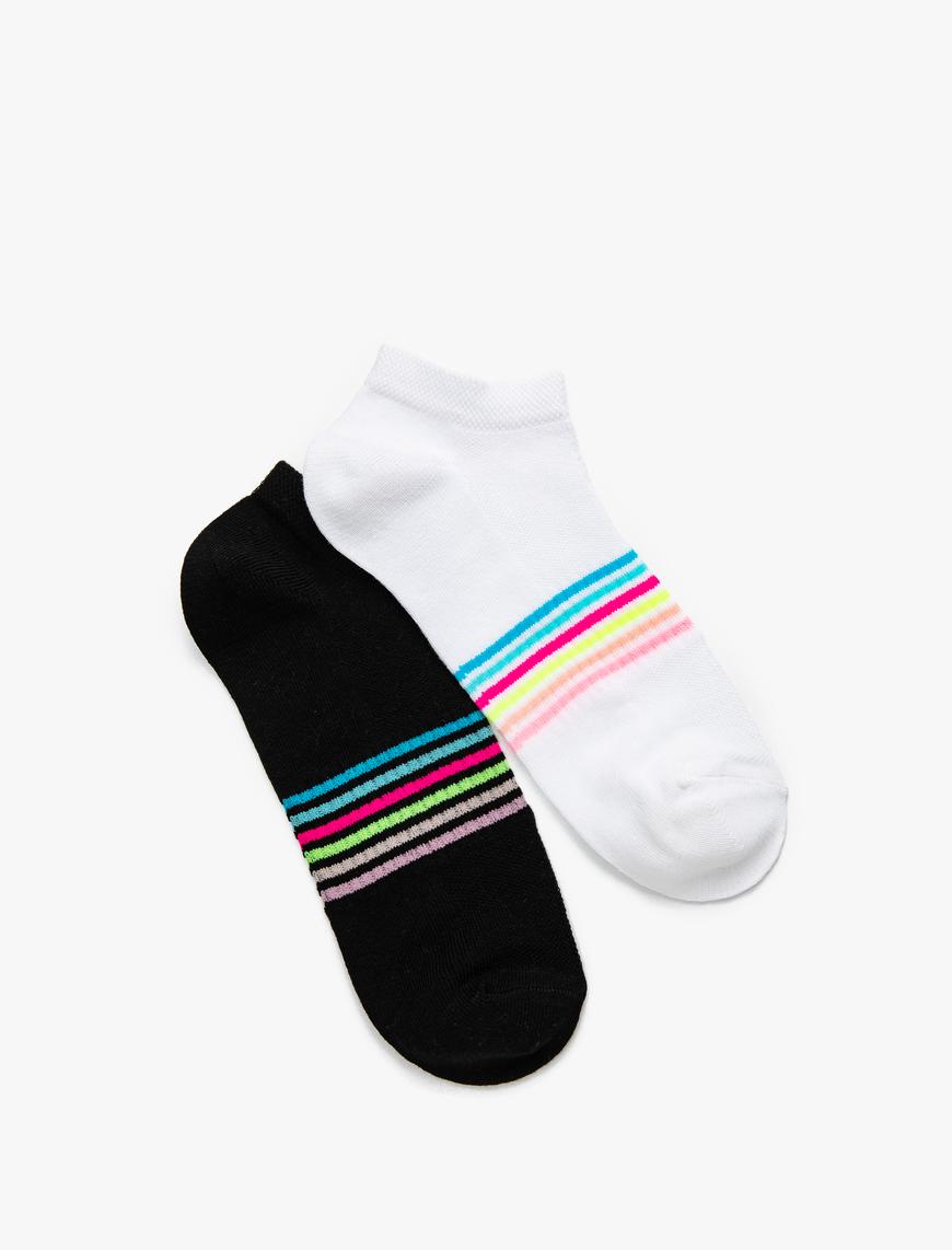  Kadın 2'li Patik Çorap Seti Şerit Detaylı Çok Renkli
