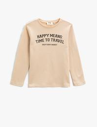 Uzun Kollu Baskılı Tişört Bisiklet Yaka Dokulu