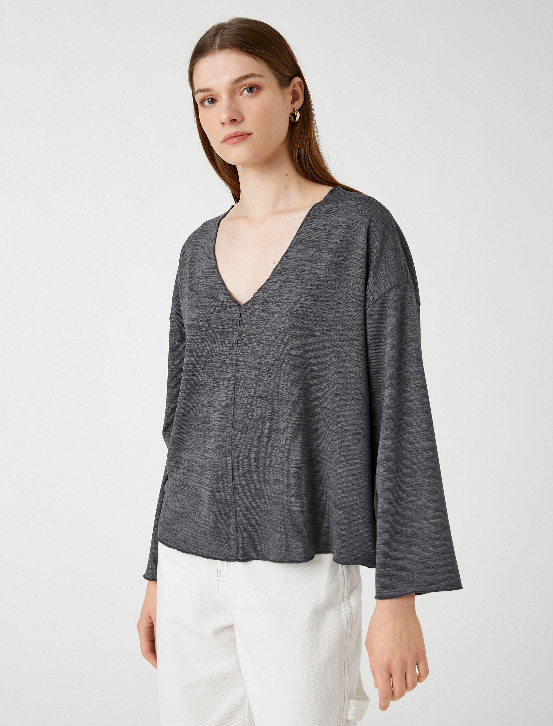   V Yaka Sweatshirt Yarasa Kollu