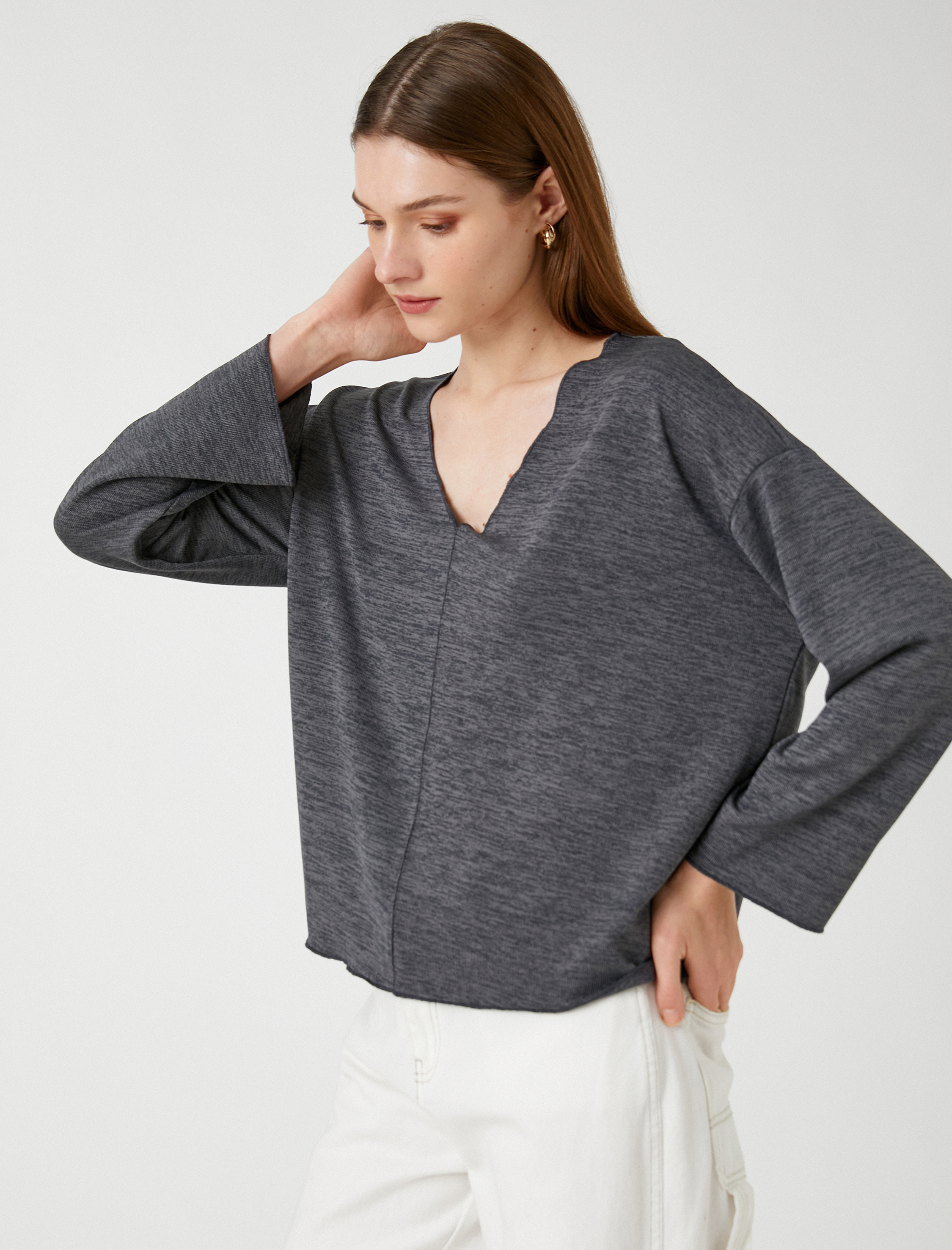   V Yaka Sweatshirt Yarasa Kollu