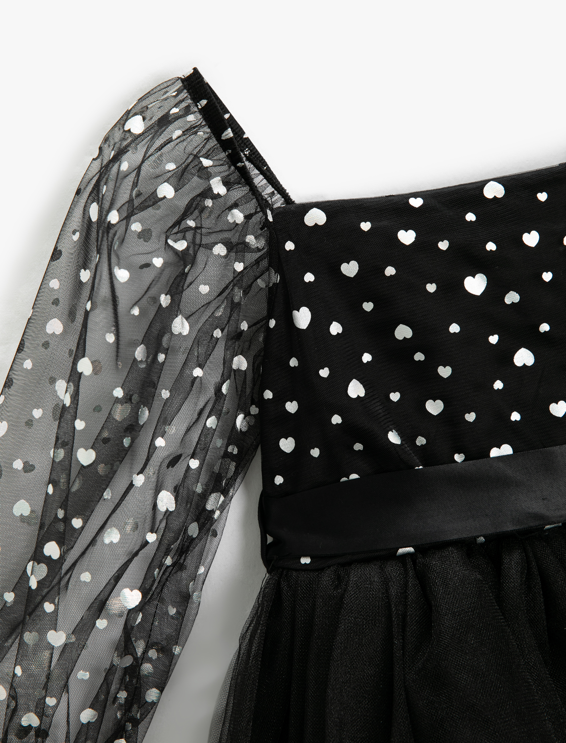  Kız Çocuk Tüllü Elbise Kalp Baskılı Kuşak Detaylı Uzun Kollu Astarlı U Yaka