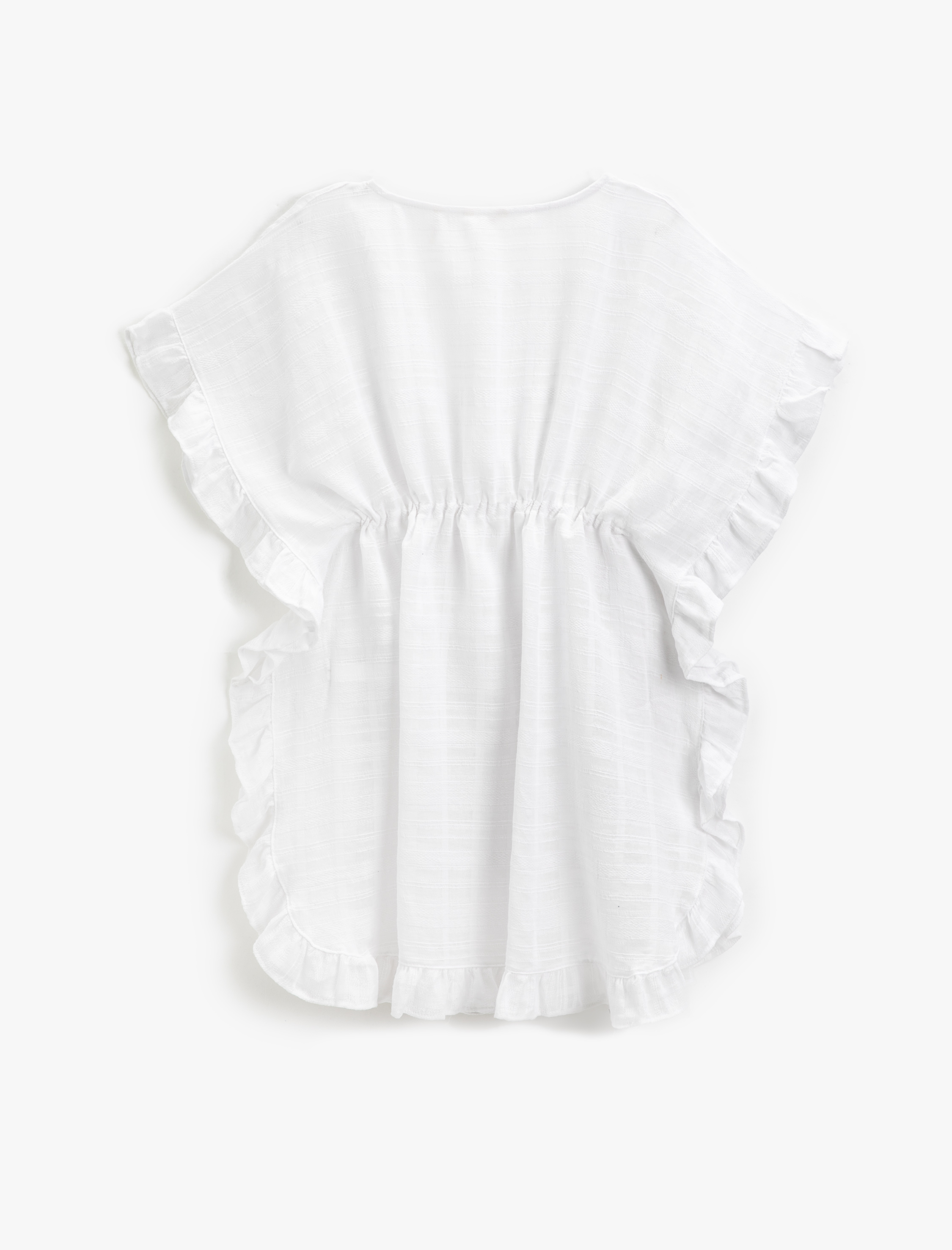   Dokulu Kimono V Yaka Beli Büzgülü Kolları Fırfırlı Püskül Detaylı