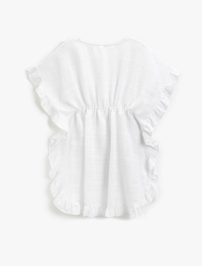  Dokulu Kimono V Yaka Beli Büzgülü Kolları Fırfırlı Püskül Detaylı