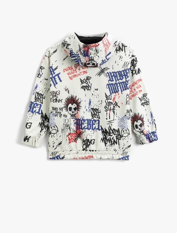 Erkek Çocuk Baskılı Yarım Fermuarlı Kapüşonlu Sweatshirt
