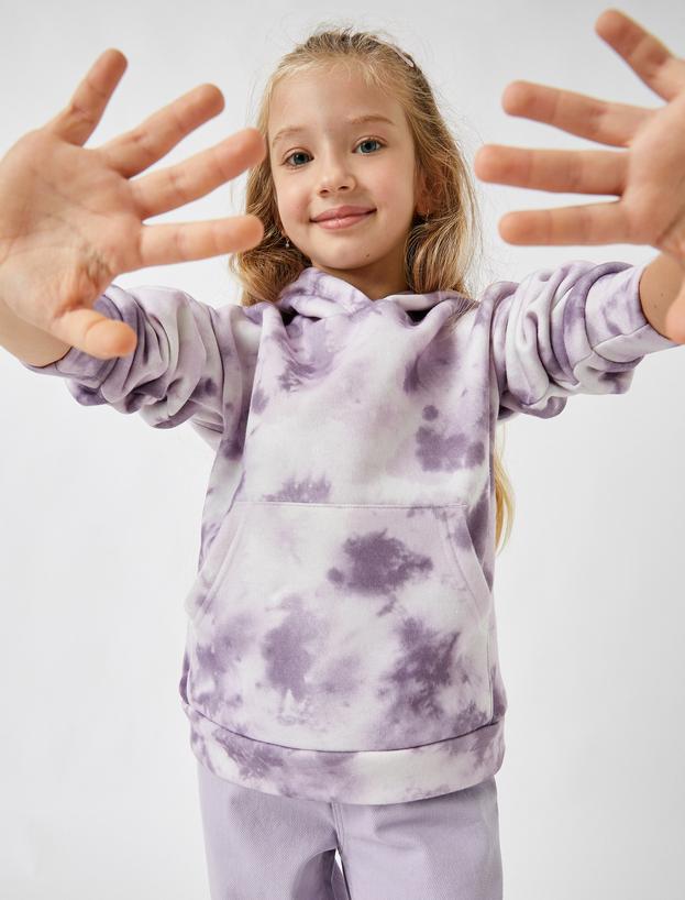  Kız Çocuk Kapşonlu Sweatshirt Batik Desenli Kanguru Cepli