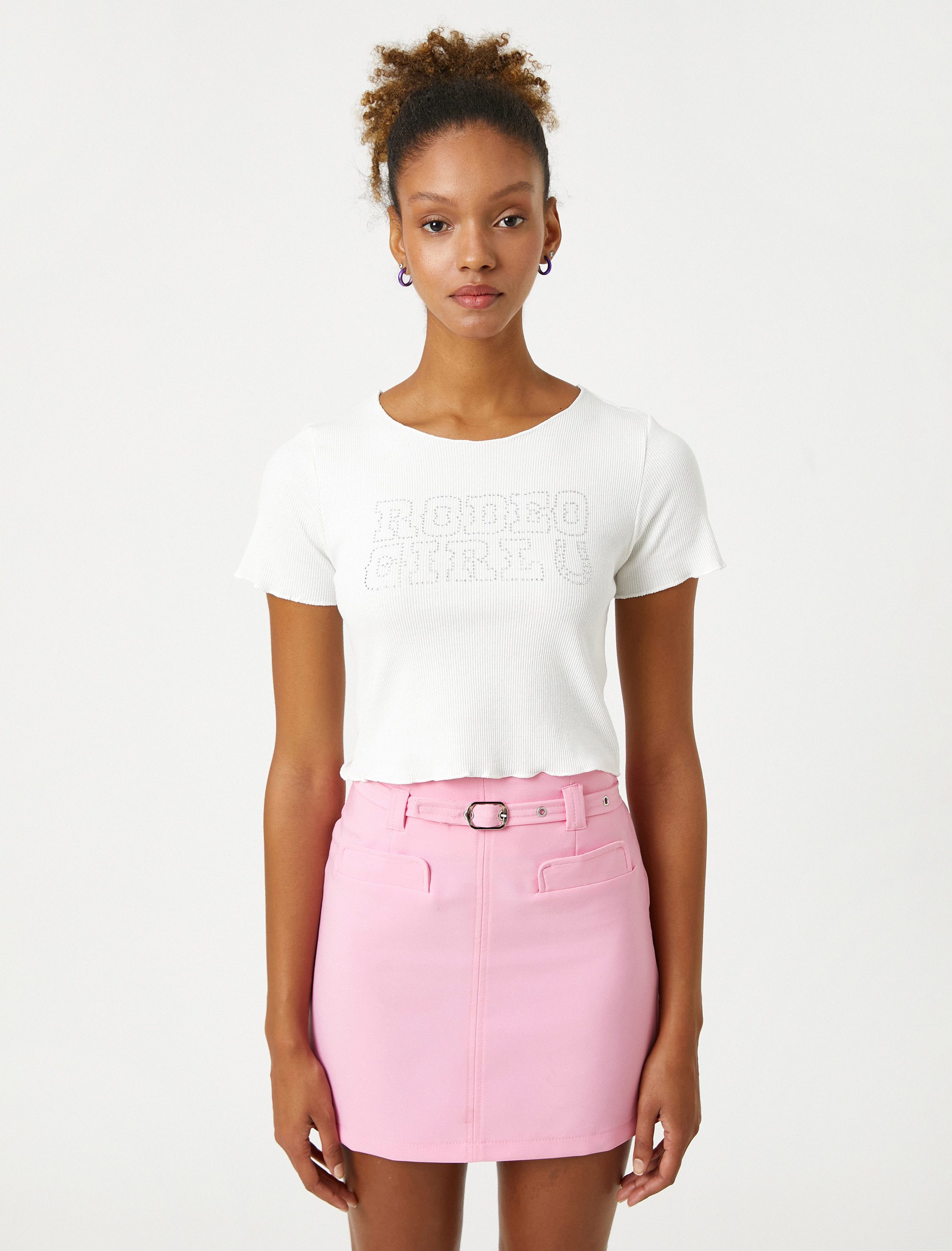   Crop Tişört Kısa Kollu Bisiklet Yaka Parlak Taşlı