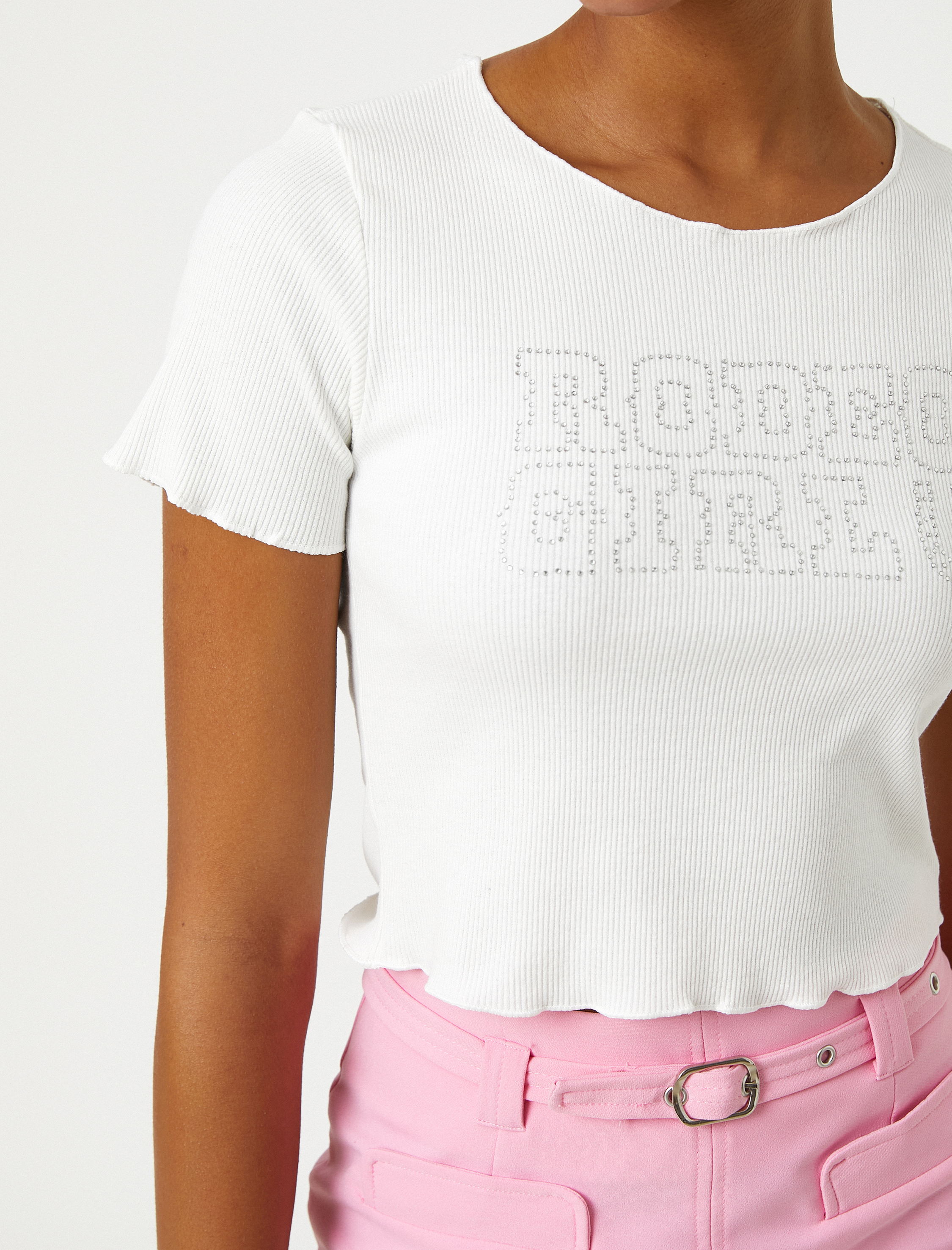   Crop Tişört Kısa Kollu Bisiklet Yaka Parlak Taşlı