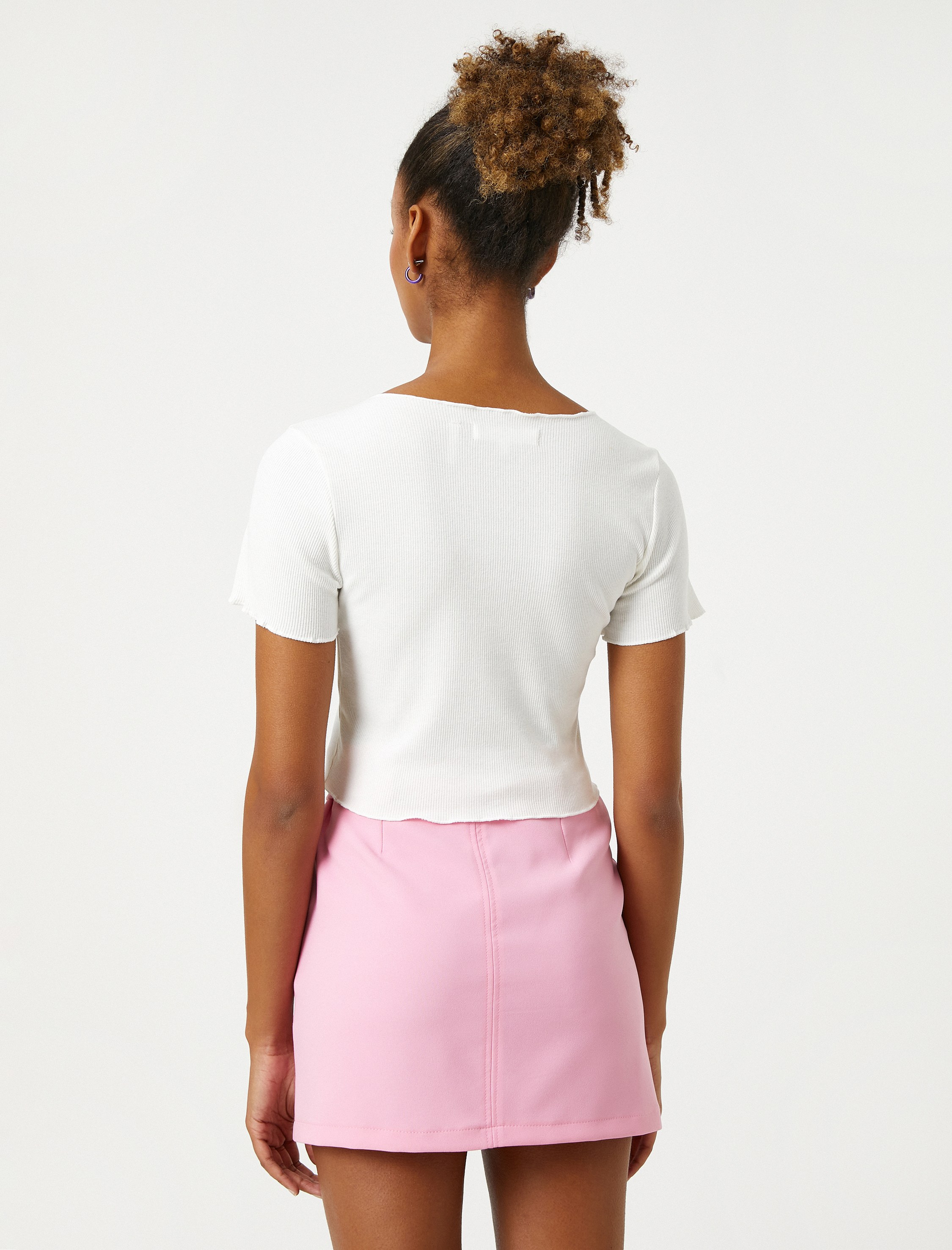   Crop Tişört Kısa Kollu Bisiklet Yaka Parlak Taşlı