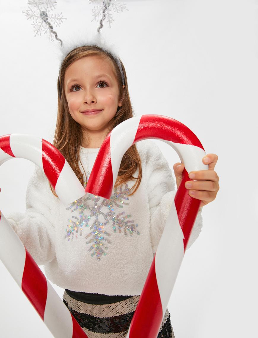  Kız Çocuk Peluş Sweatshirt Yılbaşı Temalı Kar Tanesi Detaylı Pul Payet İşlemeli