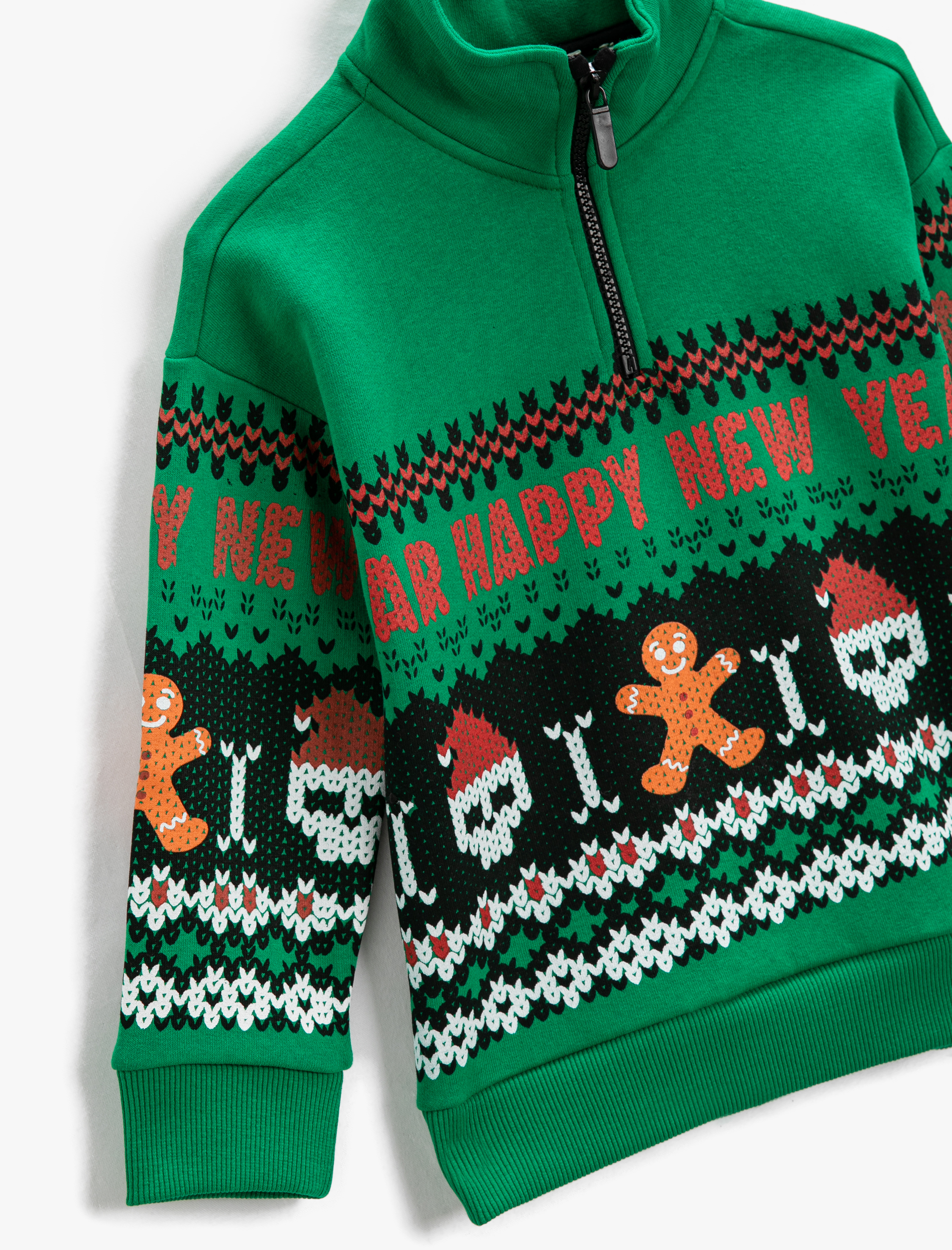  Erkek Çocuk Dik Yaka Yarım Fermuarlı Sweatshirt Yılbaşı Temalı Kuru Kafa Baskılı