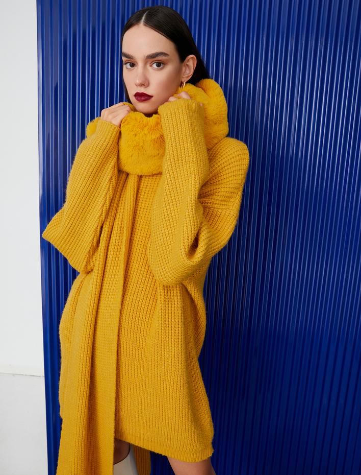 Kadın Peluş Detaylı Örgü Atkı - Melis Ağazat X Koton