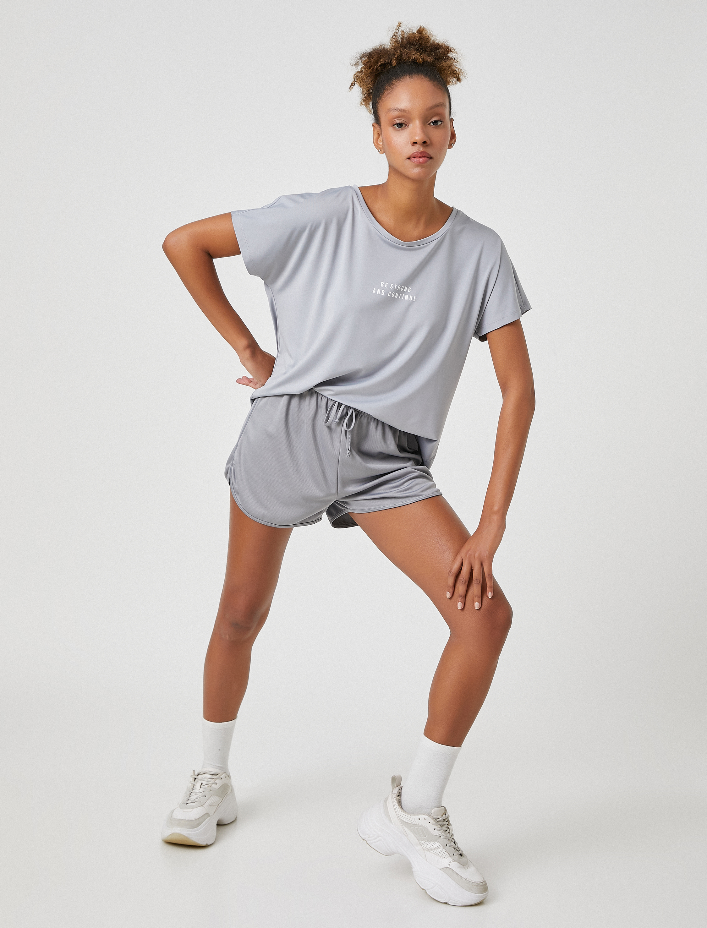   Oversize Spor Tişört Slogan Baskılı Kayık Yaka