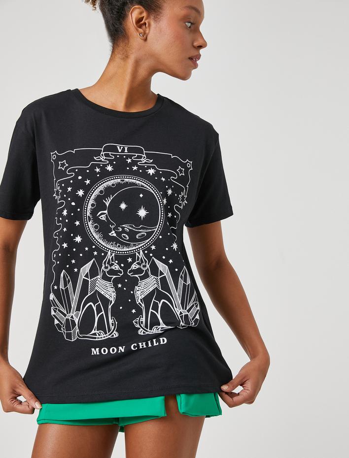  Bisiklet Yaka Tişört Baskılı Kısa Kollu Rahat Kesim