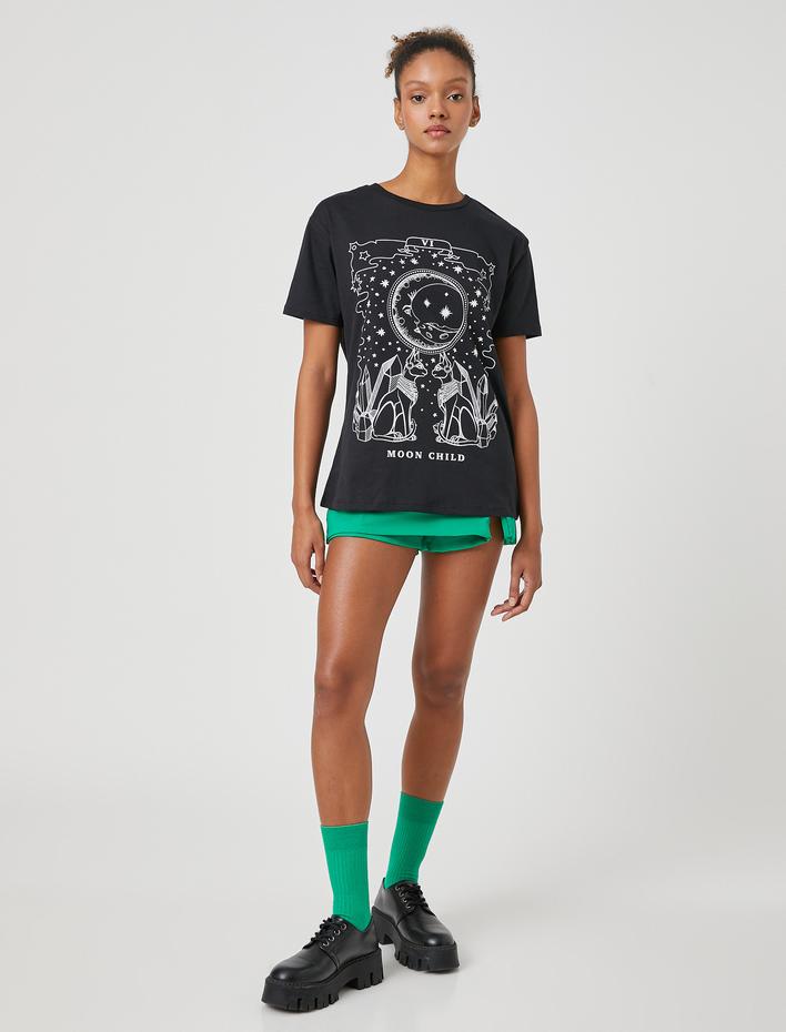  Bisiklet Yaka Tişört Baskılı Kısa Kollu Rahat Kesim