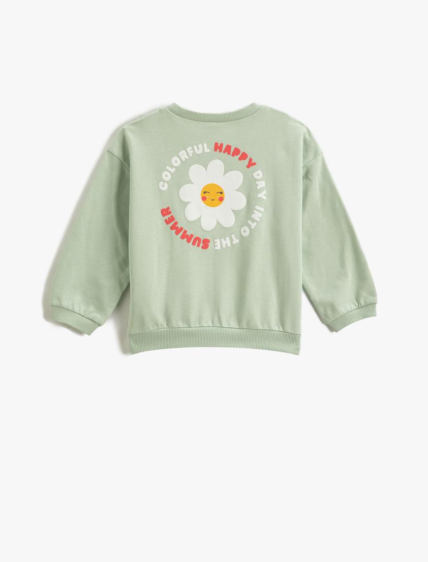  Kız Bebek Arkası Çiçek Baskılı Sweatshirt İşleme Detaylı Şardonlu