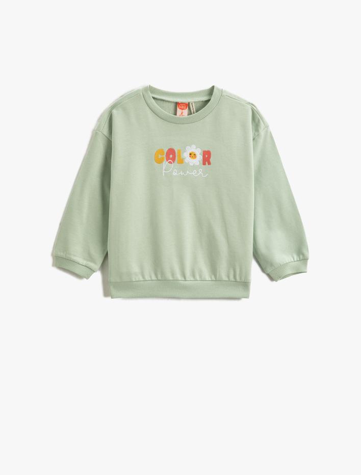 Kız Bebek Arkası Çiçek Baskılı Sweatshirt İşleme Detaylı Şardonlu