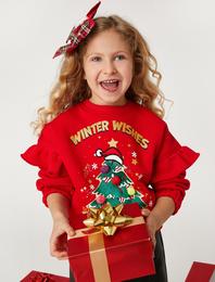 Yılbaşı Ağacı Baskılı Fırfırlı Sweat Ponpon Detaylı