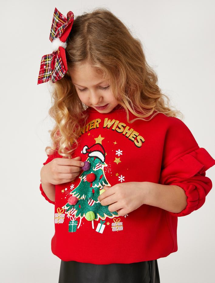 Kız Çocuk Yılbaşı Ağacı Baskılı Fırfırlı Sweat Ponpon Detaylı