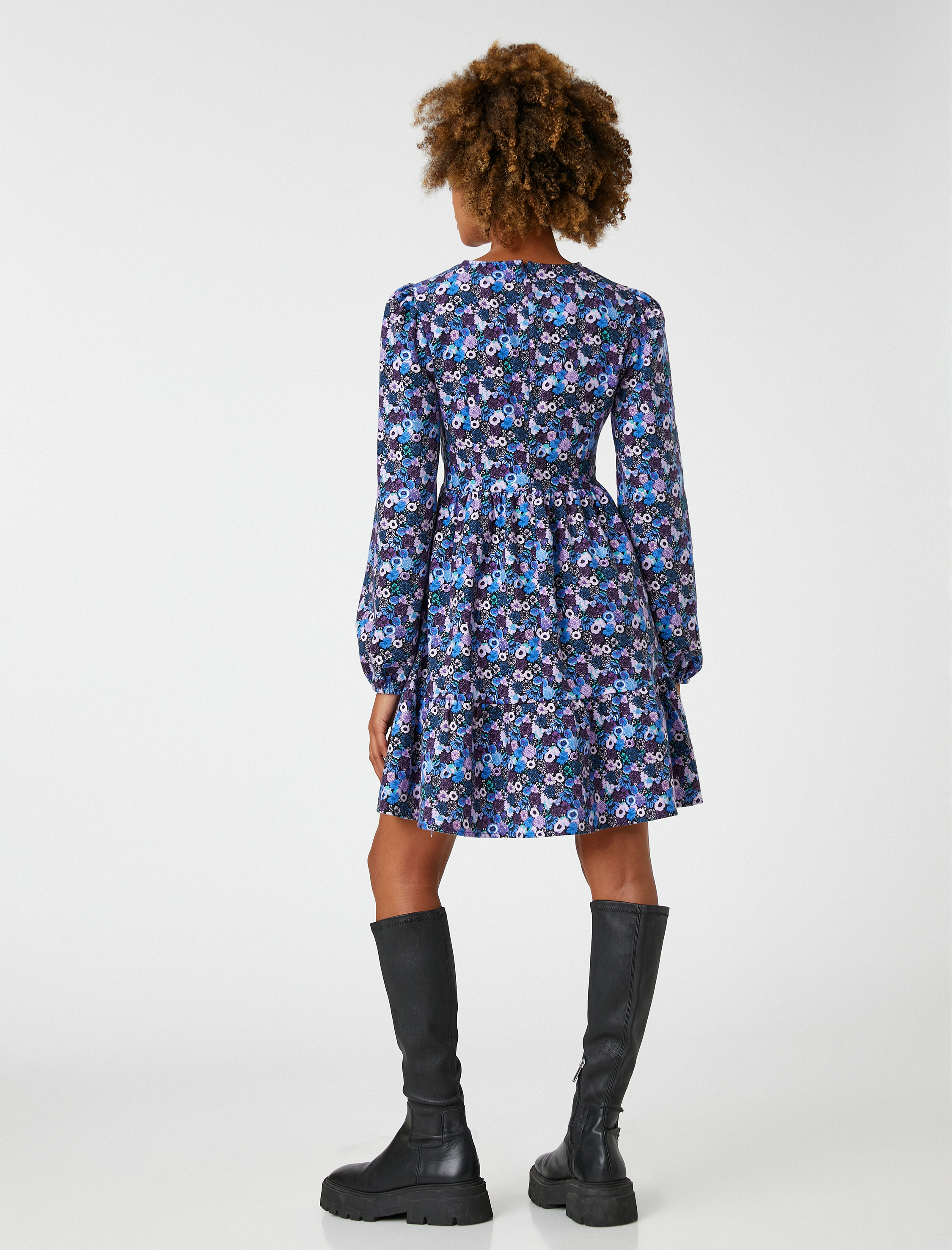   Çiçekli Kışlık Elbise Mini V Yaka Balon Kollu Anvelop