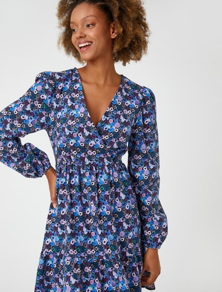  Çiçekli Kışlık Elbise Mini V Yaka Balon Kollu Anvelop