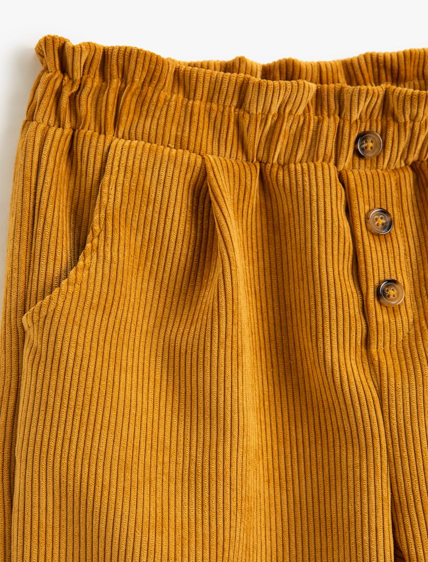  Kız Çocuk Fitilli Kadife Pantolon Yüksek Bel Düğme Detaylı Cepli