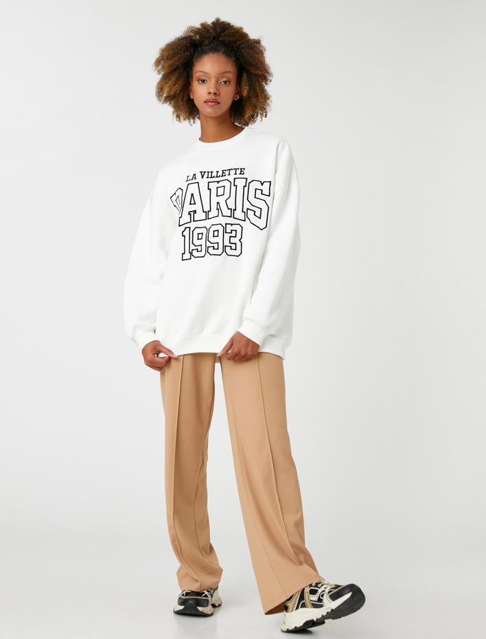  Şardonlu Bisiklet Yaka Sweatshirt Oversize Slogan İşlemeli Uzun Kollu