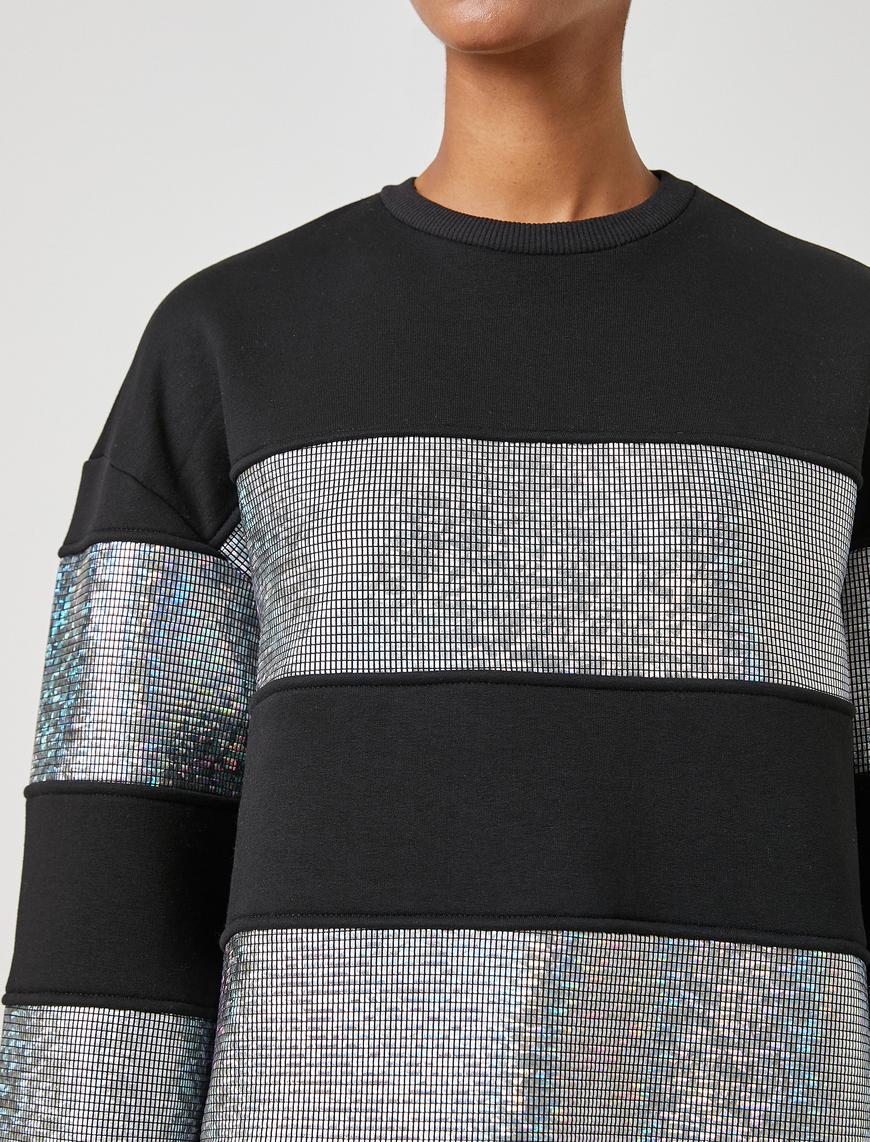   Bisiklet Yaka Sweatshirt Hologram Görünümlü Işıltılı Uzun Kollu İçi Polarlı