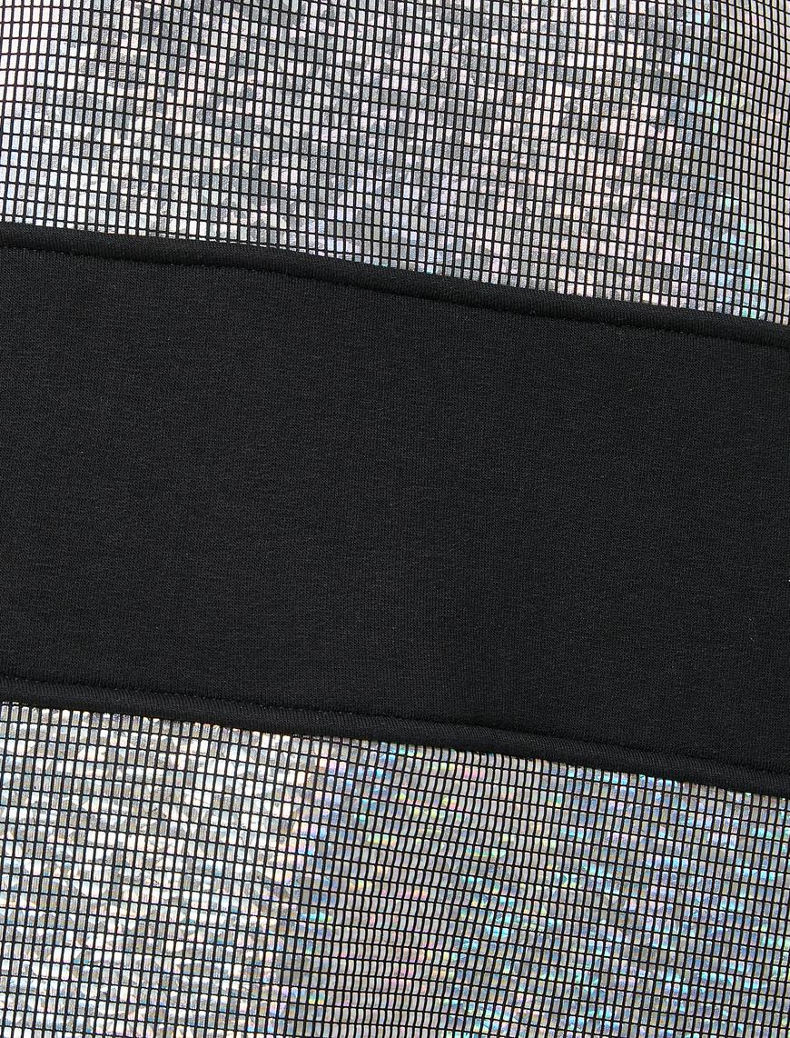   Bisiklet Yaka Sweatshirt Hologram Görünümlü Işıltılı Uzun Kollu İçi Polarlı