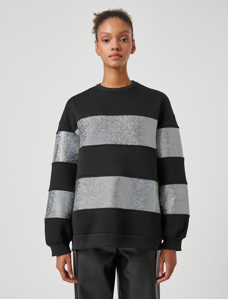   Bisiklet Yaka Sweatshirt Hologram Görünümlü Işıltılı Uzun Kollu İçi Polarlı