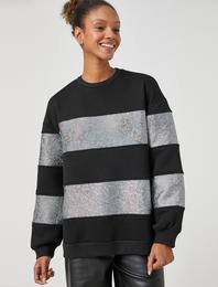 Bisiklet Yaka Sweatshirt Hologram Görünümlü Işıltılı Uzun Kollu İçi Polarlı