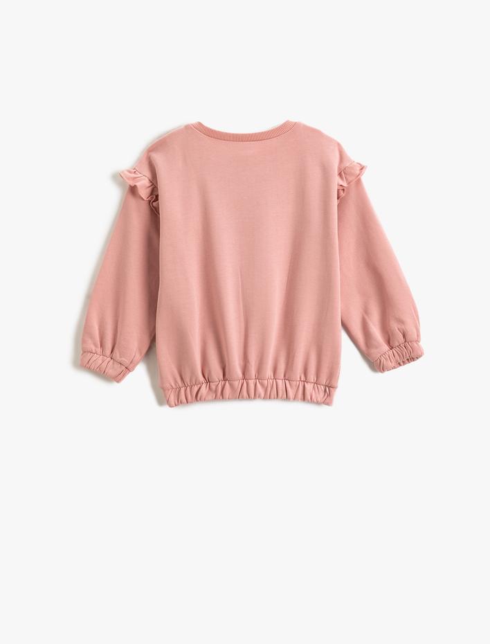Kız Bebek Fırfırlı Detaylı Baskılı Sweatshirt Manşetleri ve Beli Lastikli Uzun Kollu Bisiklet Yaka