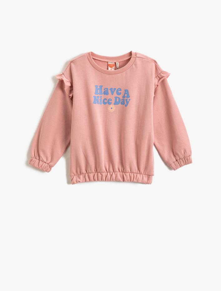 Kız Bebek Fırfırlı Detaylı Baskılı Sweatshirt Manşetleri ve Beli Lastikli Uzun Kollu Bisiklet Yaka