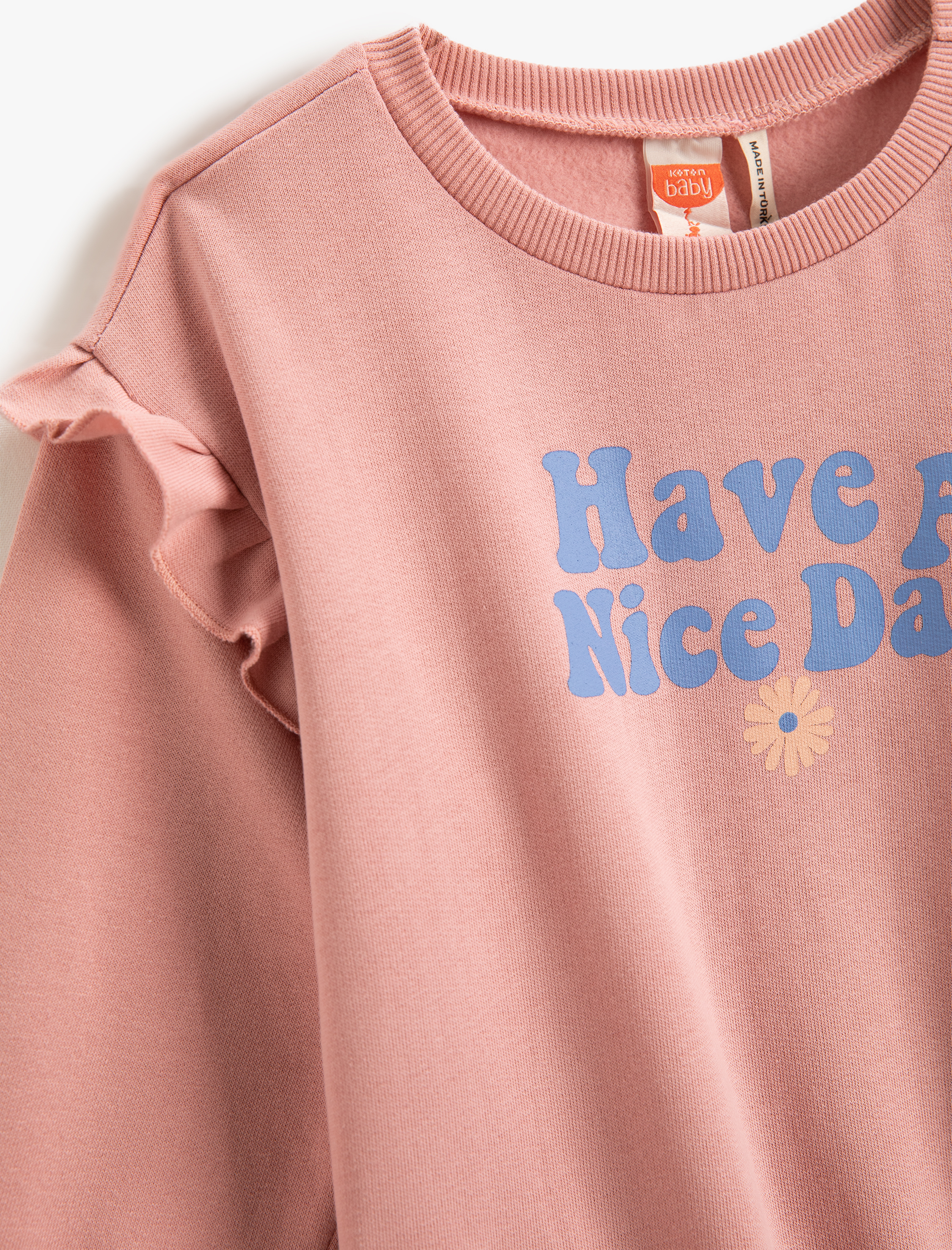 Kız Bebek Fırfırlı Detaylı Baskılı Sweatshirt Manşetleri ve Beli Lastikli Uzun Kollu Bisiklet Yaka