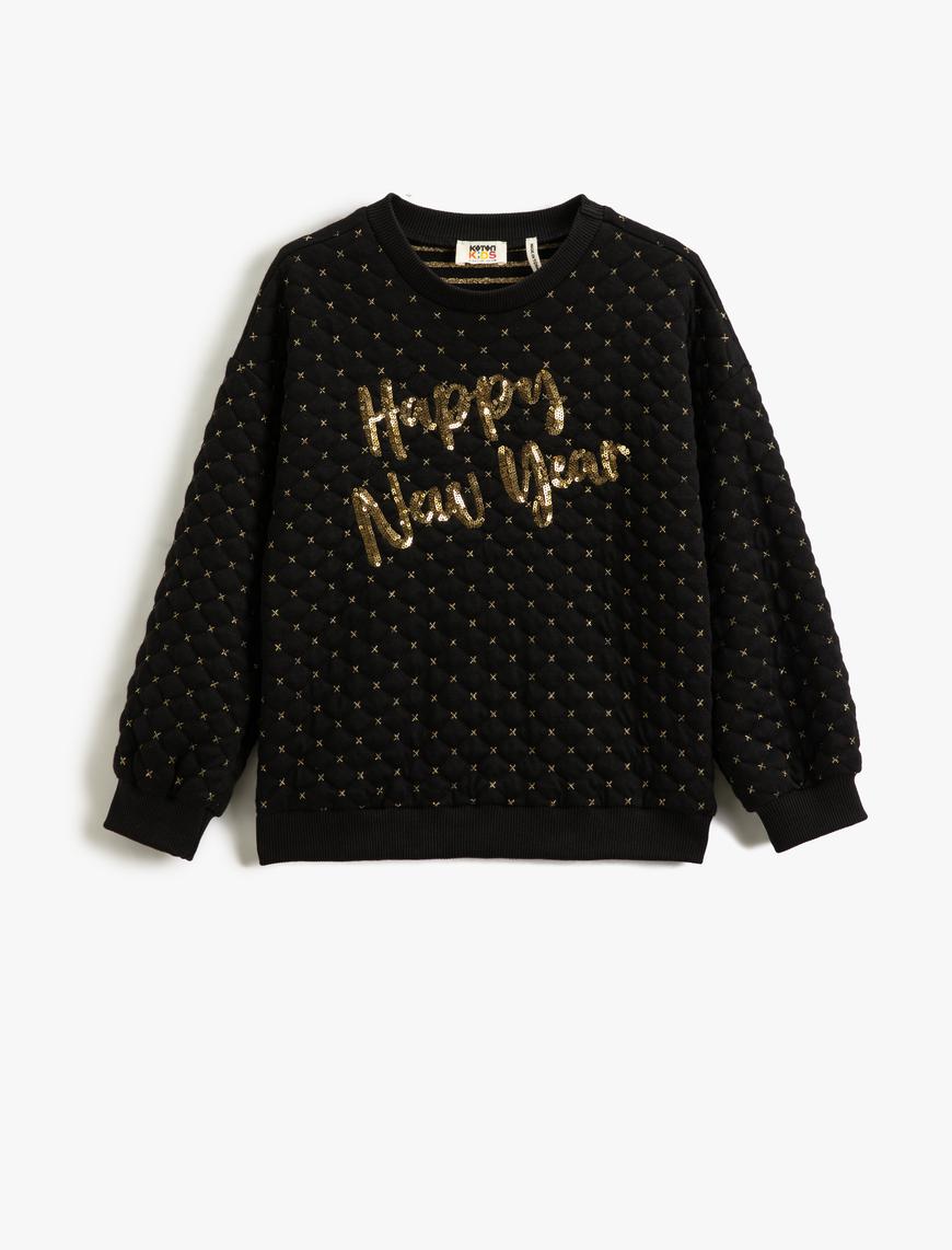  Kız Çocuk Yılbaşı Temalı Sweatshirt Pul Payet İşlemeli Kapitone  Bisiklet Yaka