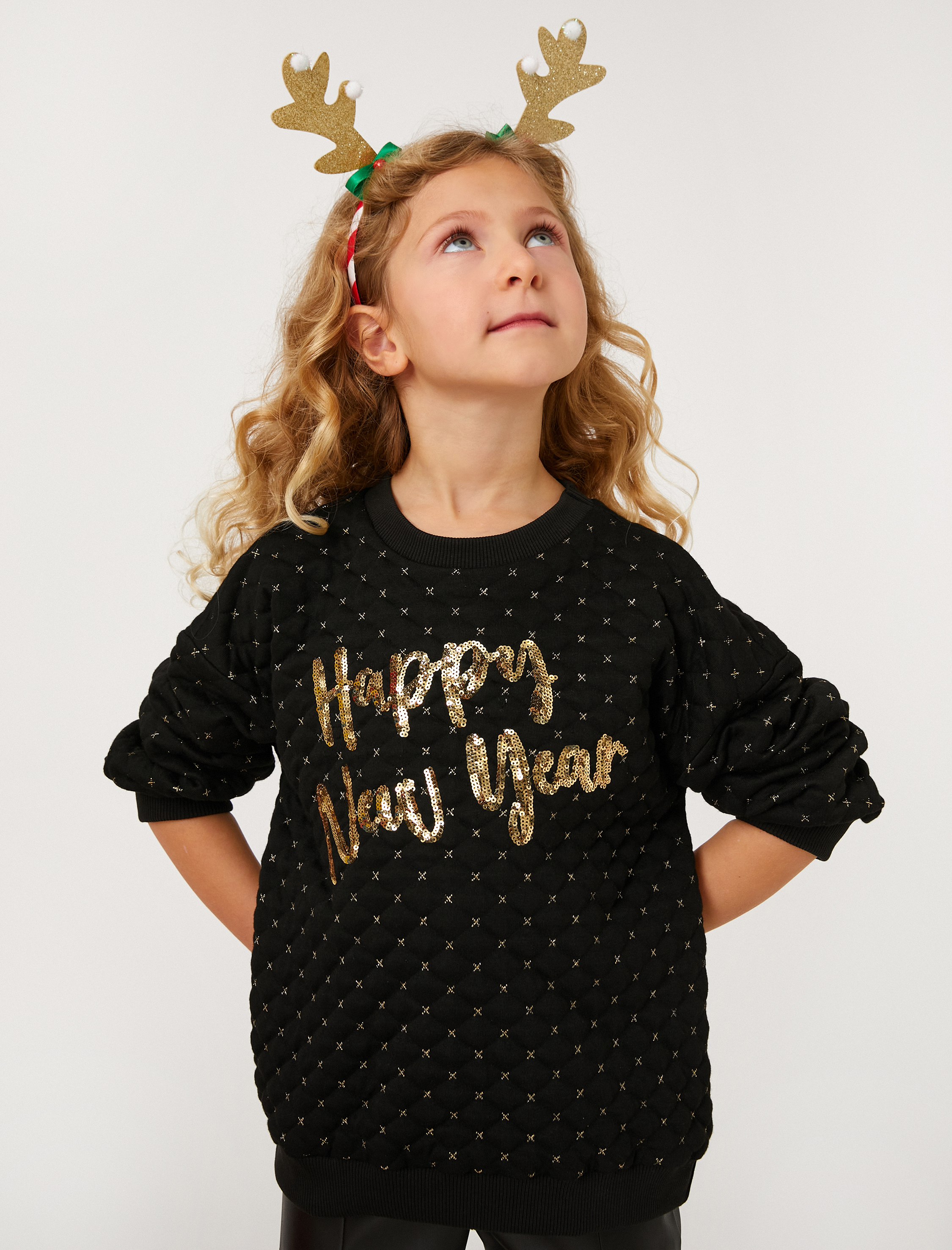  Kız Çocuk Yılbaşı Temalı Sweatshirt Pul Payet İşlemeli Kapitone  Bisiklet Yaka