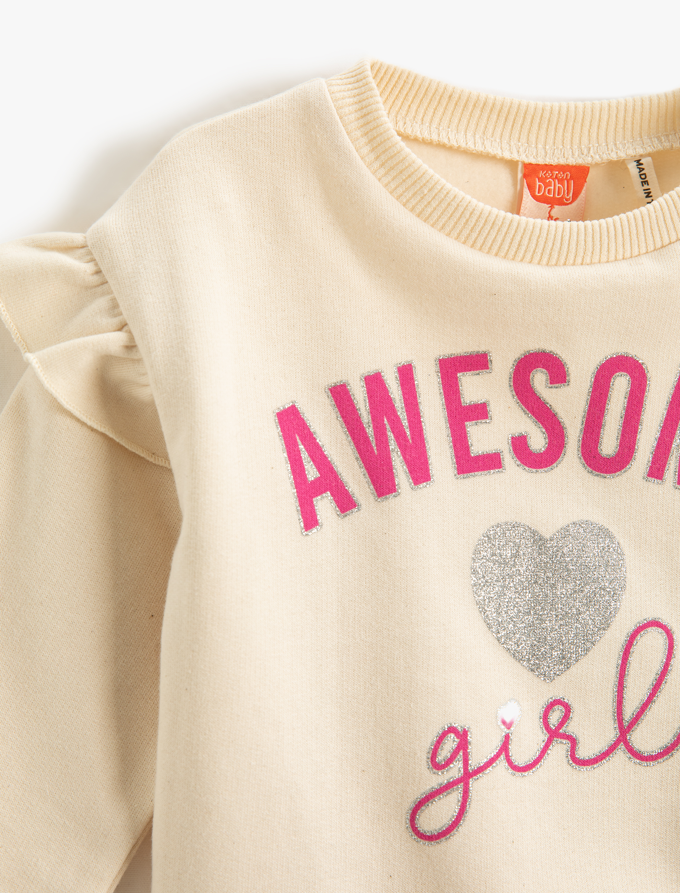  Kız Bebek Fırfır Detaylı Baskılı Sweatshirt Yumuşak Dokulu Uzun Kollu Yuvarlak Yaka