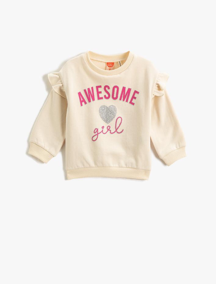 Kız Bebek Fırfır Detaylı Baskılı Sweatshirt Yumuşak Dokulu Uzun Kollu Yuvarlak Yaka