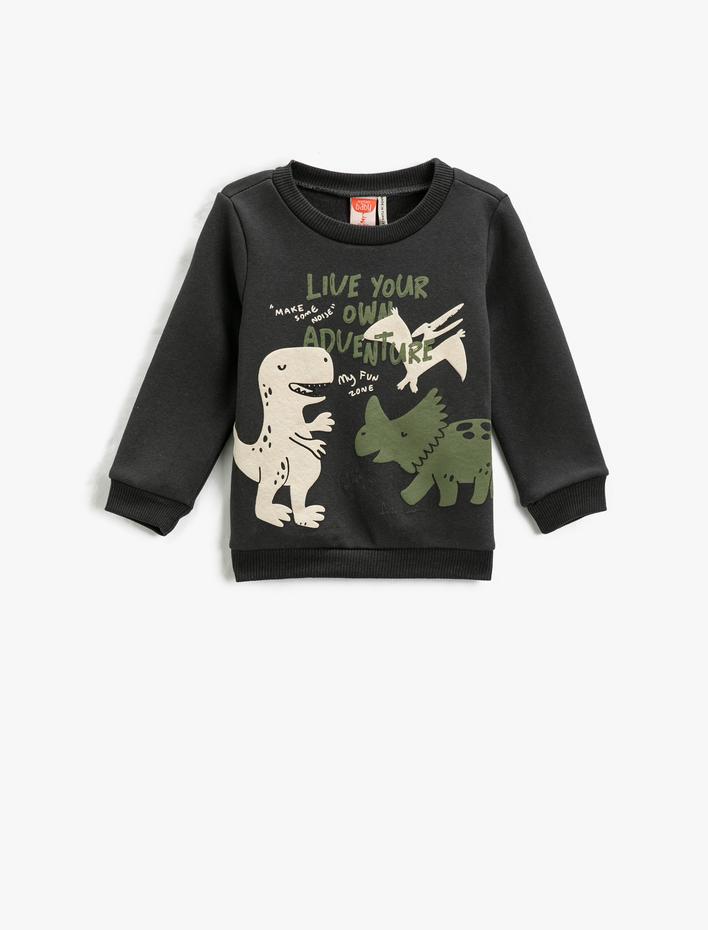 Erkek Bebek Dinozor Baskılı Sweatshirt Uzun Kollu Bisiklet Yaka Pamuklu