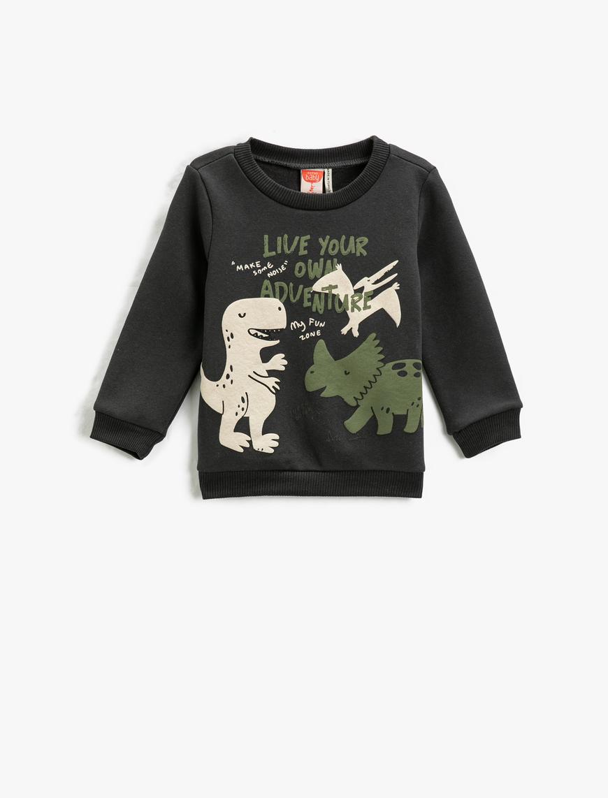  Erkek Bebek Dinozor Baskılı Sweatshirt Uzun Kollu Bisiklet Yaka Pamuklu