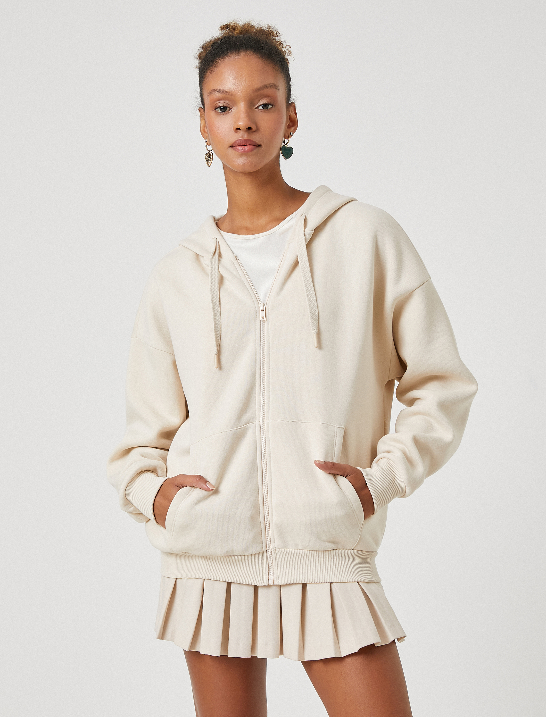 Şardonlu Fermuarlı Sweatshirt Kapüşonlu Cep Detaylı Uzun Kollu