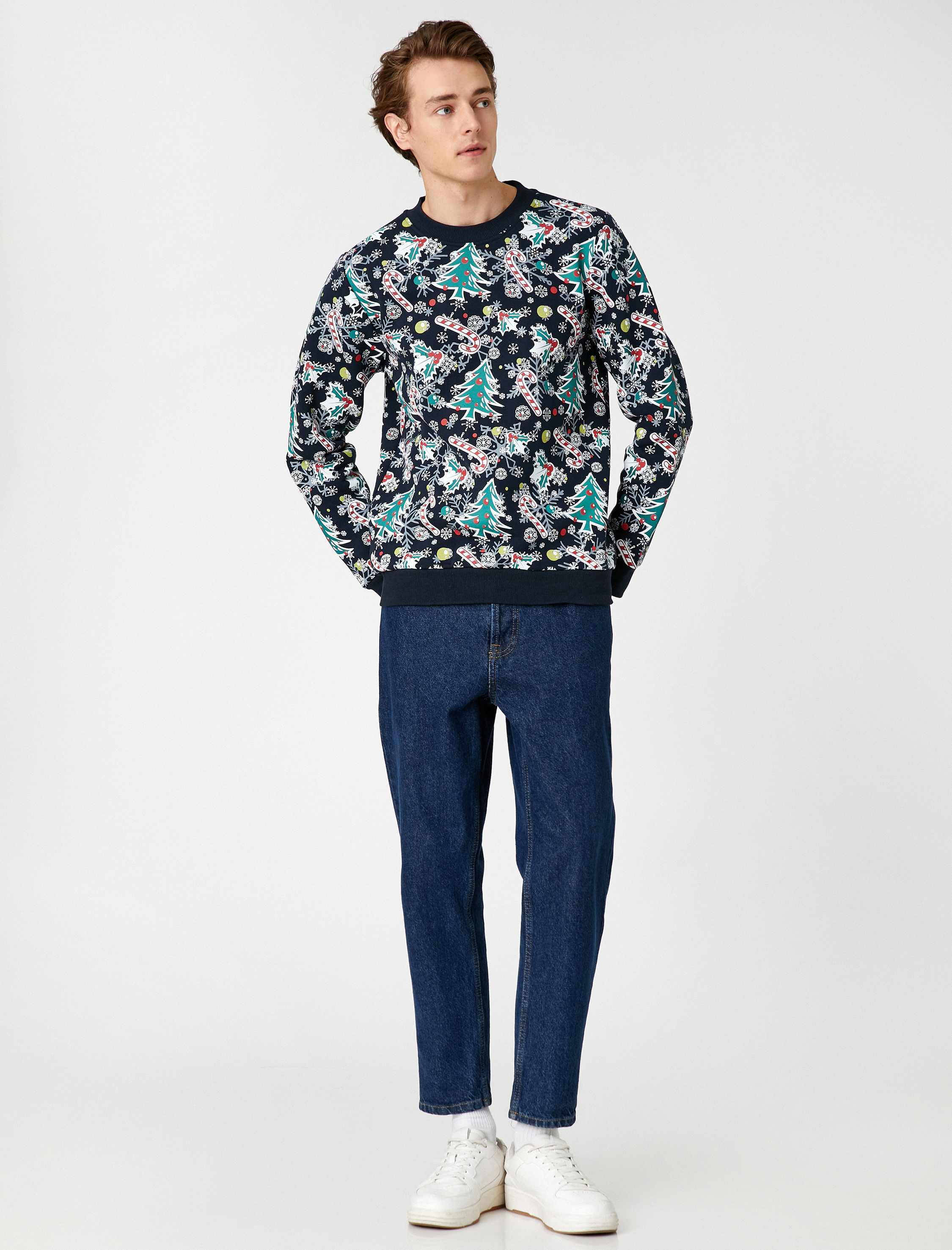 Yılbaşı Temalı Sweatshirt Baskılı Bisiklet Yaka Uzun Kollu Şardonlu