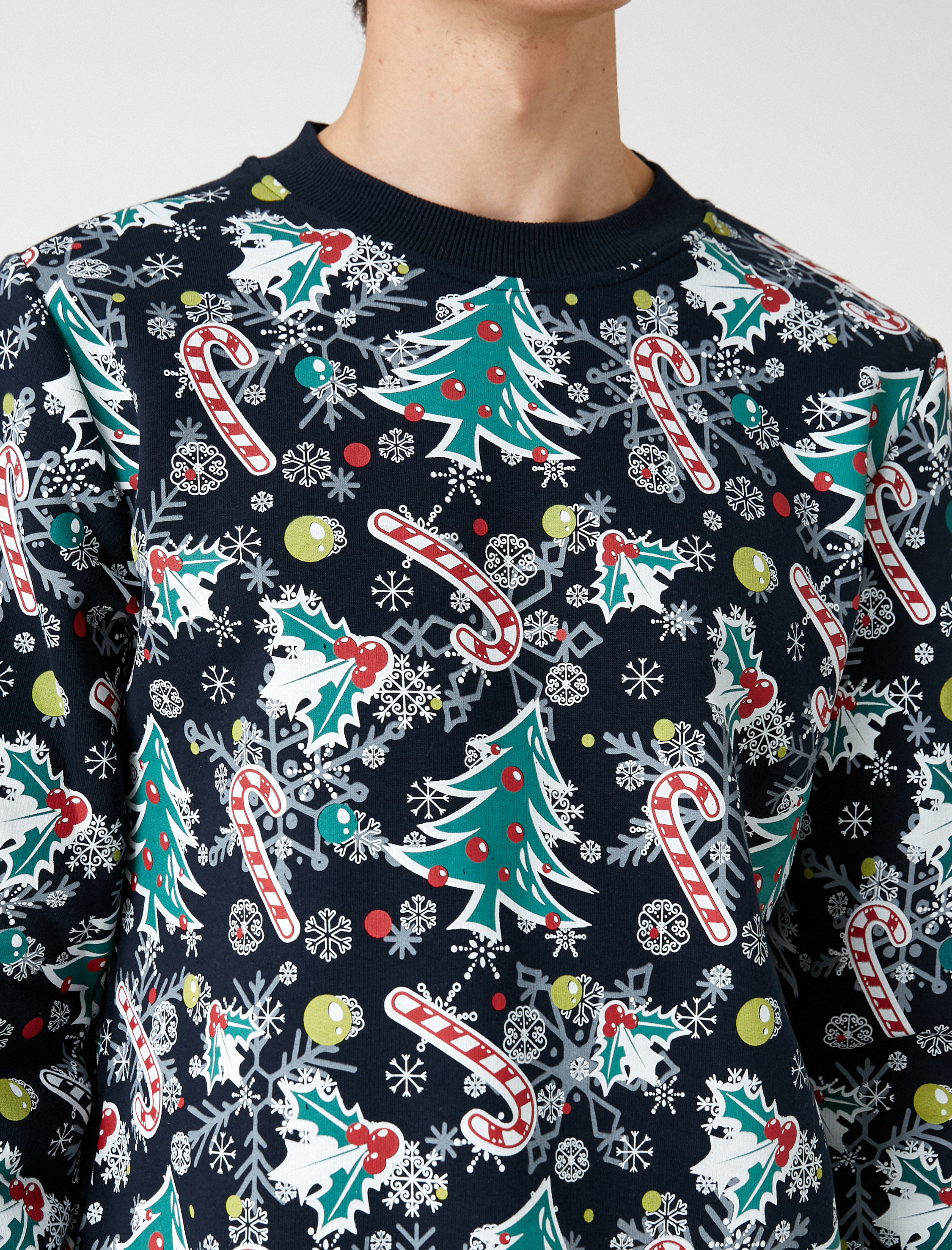 Yılbaşı Temalı Sweatshirt Baskılı Bisiklet Yaka Uzun Kollu Şardonlu